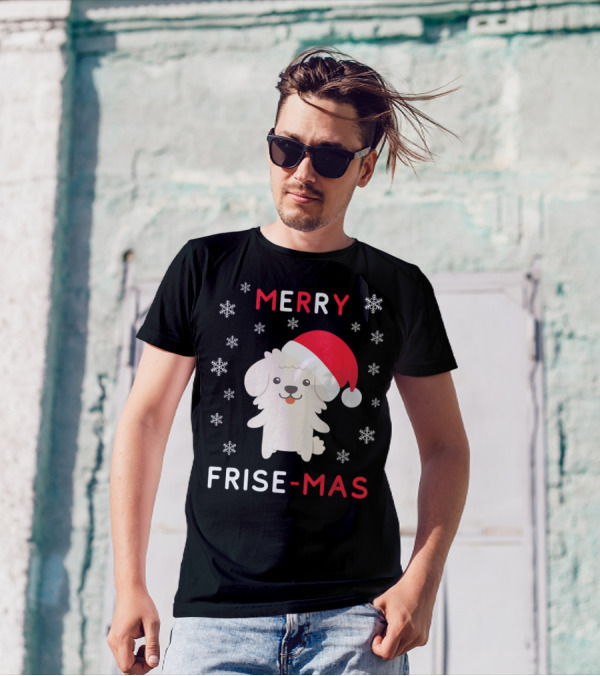 Merry Frise Mas Funny Christmas Bichon With Santa Hat And Snowflakes T-Shirt