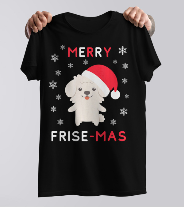 Merry Frise Mas Funny Christmas Bichon With Santa Hat And Snowflakes T-Shirt