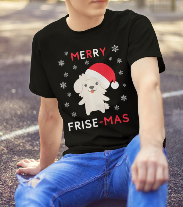 Merry Frise Mas Funny Christmas Bichon With Santa Hat And Snowflakes T-Shirt