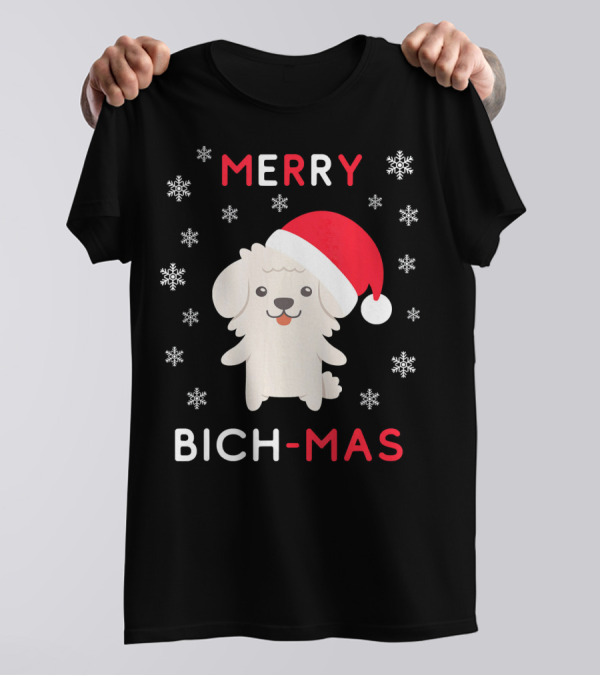 Merry Bich Mas Funny Christmas Bichon Snowflakes Santa Hat T-Shirt