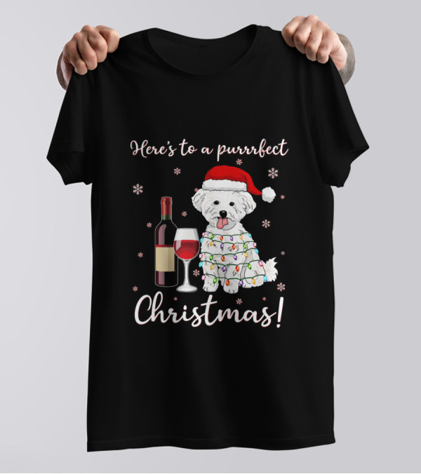 Here's To A Purrrfect Christmas Funny Dog And Wine Santa T-Shirt