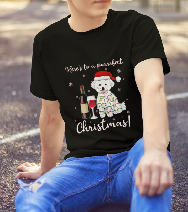 Here's To A Purrrfect Christmas Funny Dog And Wine Santa T-Shirt