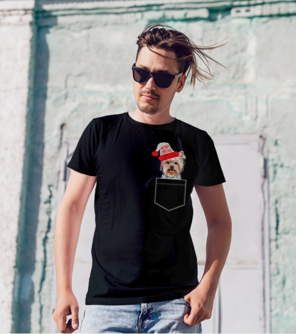 Merry Christmas Yorkshire Terrier Fake Pocket Santa Hat T-Shirt