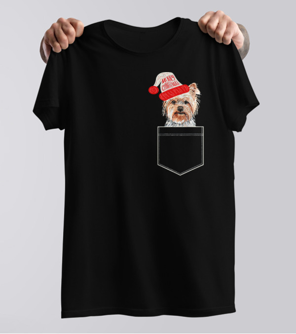 Merry Christmas Yorkshire Terrier Fake Pocket Santa Hat T-Shirt