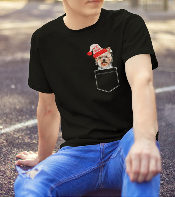 Merry Christmas Yorkshire Terrier Fake Pocket Santa Hat T-Shirt