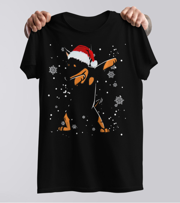 Miniature Pinscher Dabbing Christmas Snowflakes Santa Hat T-Shirt