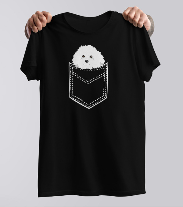 Funny Cute Bichon Frise In White Stitched Pocket T-Shirt