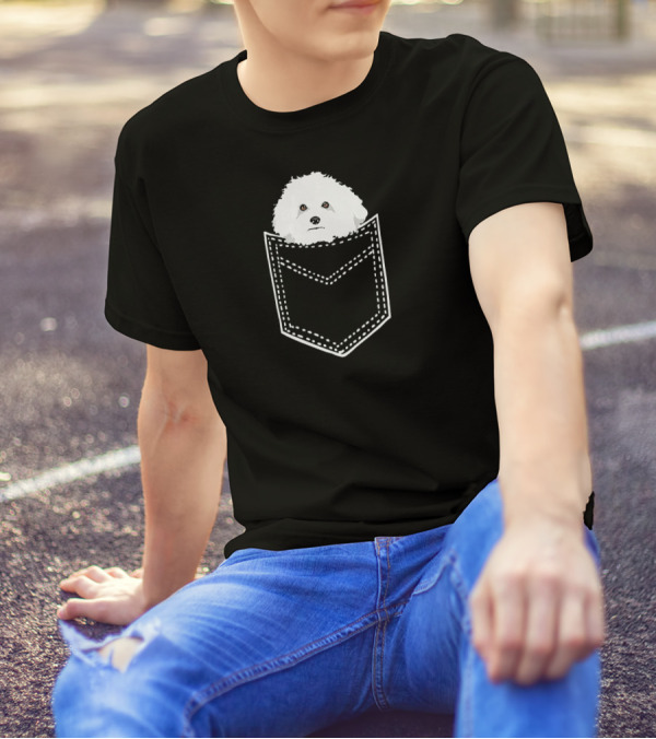Funny Cute Bichon Frise In White Stitched Pocket T-Shirt