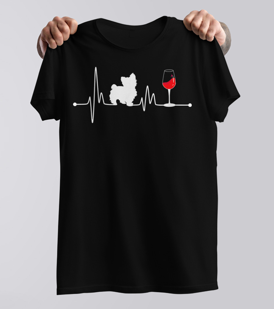 Yorkie Heartbeat EKG Pulse With Wine Glass T-Shirt