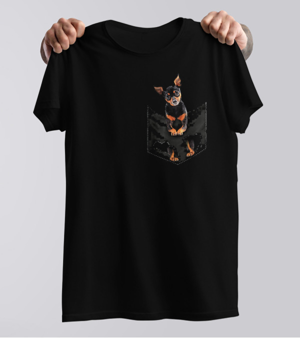Miniature Pinscher In A Camo Pocket T-Shirt