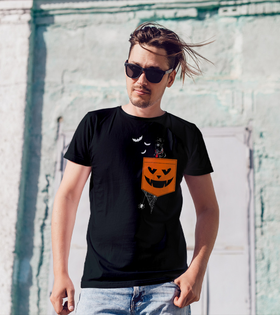 Giant Schnauzer Halloween Pocket With Bats And Spiderweb T-Shirt