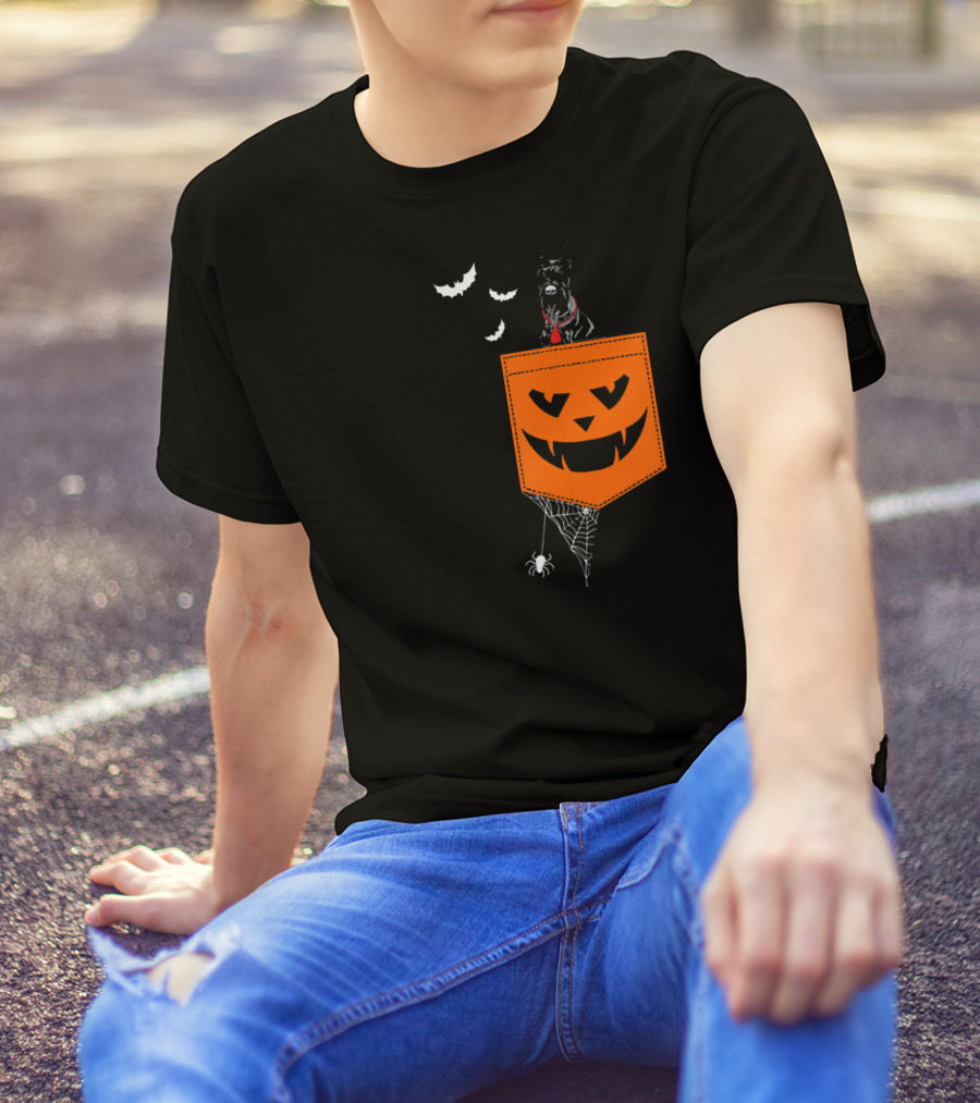 Giant Schnauzer Halloween Pocket With Bats And Spiderweb T-Shirt