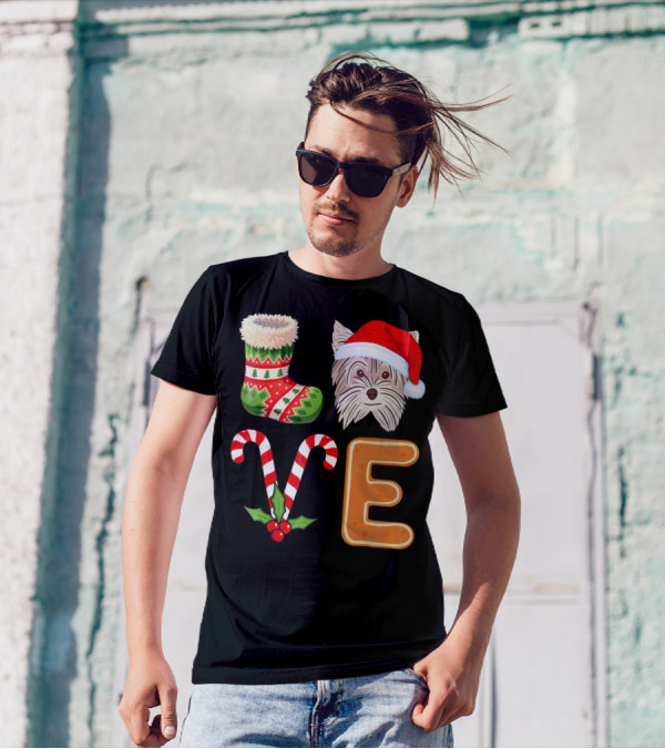 Yorkshire Terrier Christmas LOVE Stocking With Santa Hat And Candy Cane E T-Shirt