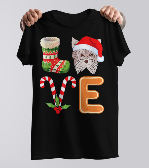 Yorkshire Terrier Christmas LOVE Stocking With Santa Hat And Candy Cane E T-Shirt