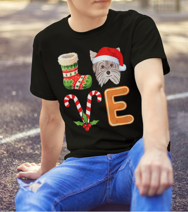 Yorkshire Terrier Christmas LOVE Stocking With Santa Hat And Candy Cane E T-Shirt