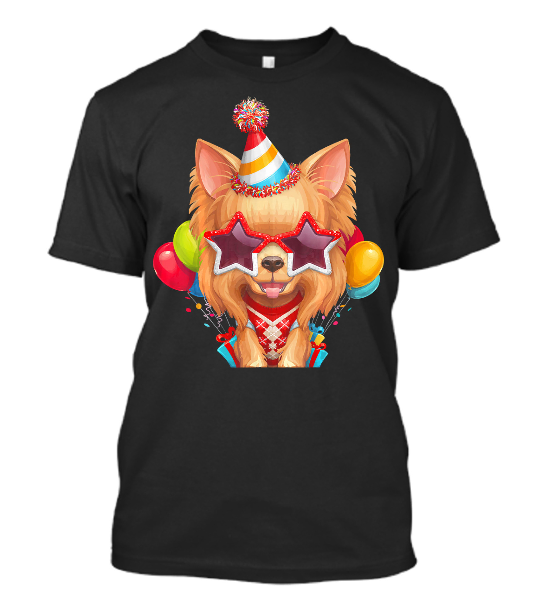 Yorkshire Terrier In Party Hat And Star Glasses With Balloons Birthday T-Shirt