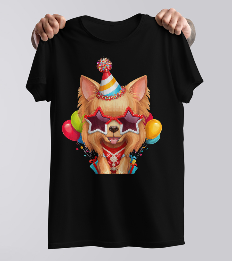 Yorkshire Terrier In Party Hat And Star Glasses With Balloons Birthday T-Shirt