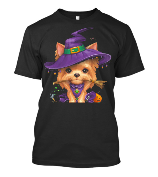 Yorkshire Terrier In Purple Witch Hat With Broom And Pumpkin T-Shirt