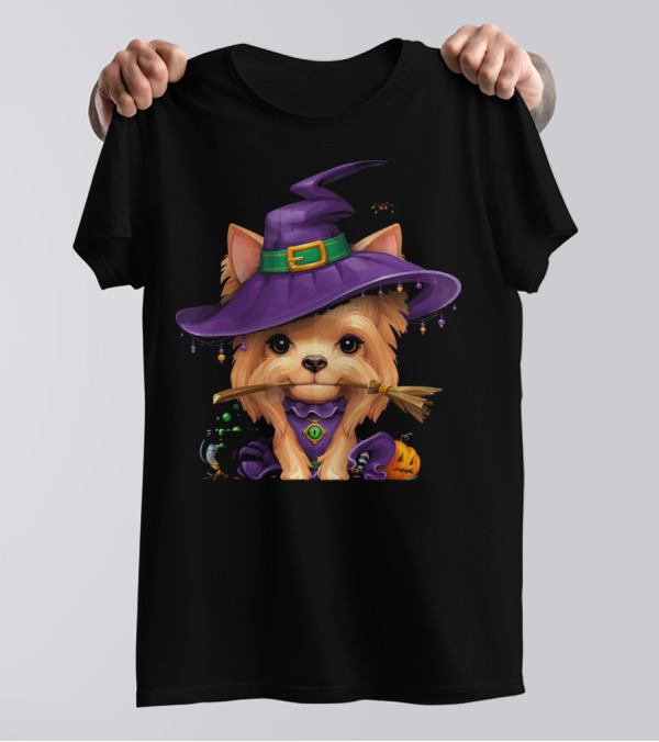 Yorkshire Terrier In Purple Witch Hat With Broom And Pumpkin T-Shirt