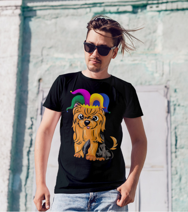 Yorkshire Terrier Wearing Colorful Jester Hat For Mardi Gras T-Shirt