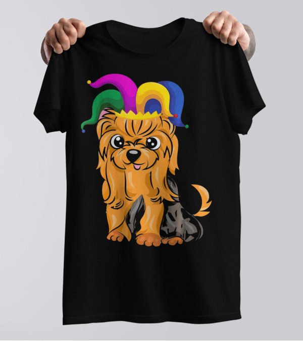 Yorkshire Terrier Wearing Colorful Jester Hat For Mardi Gras T-Shirt