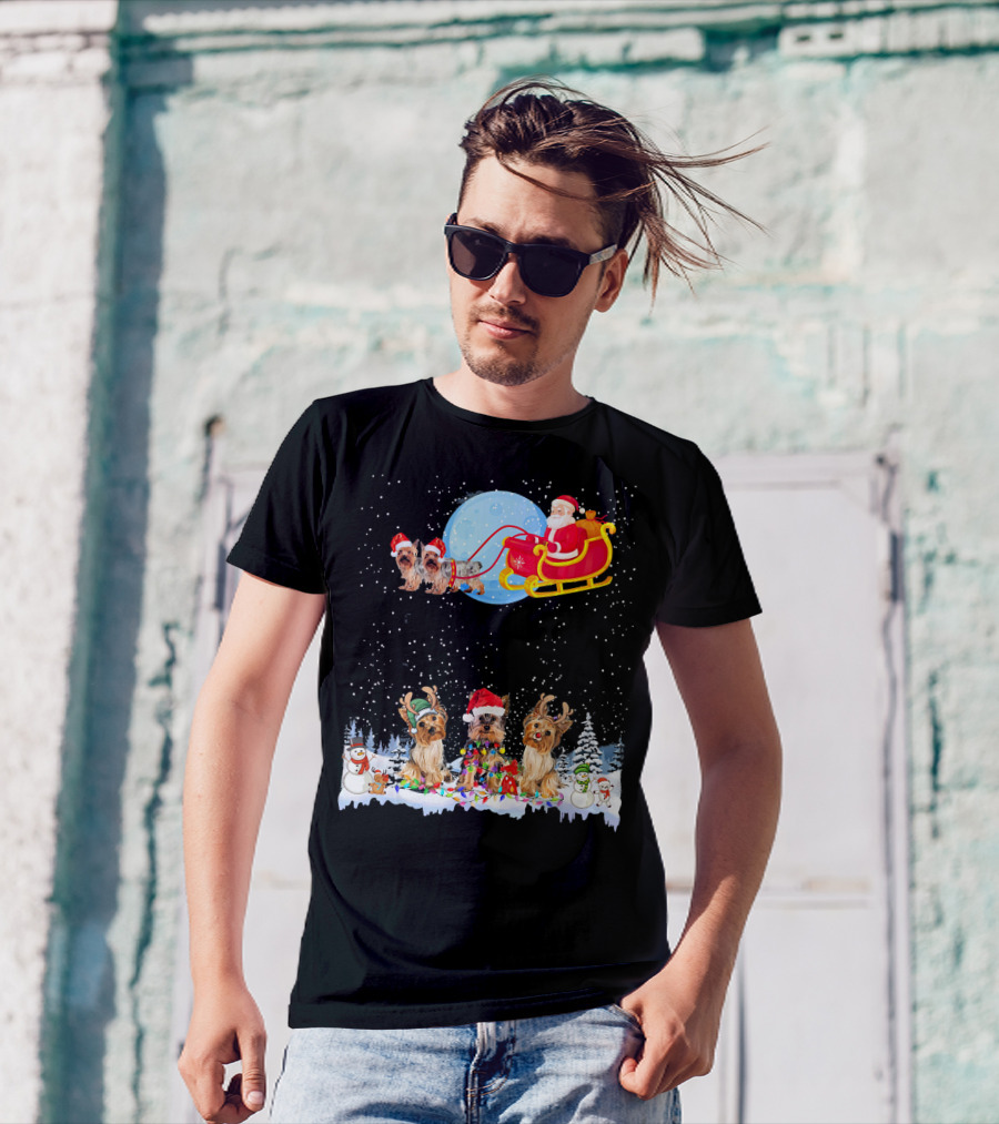 Yorkie Christmas Reindeer Santa Sleigh Lights Dog Snowmen T-Shirt
