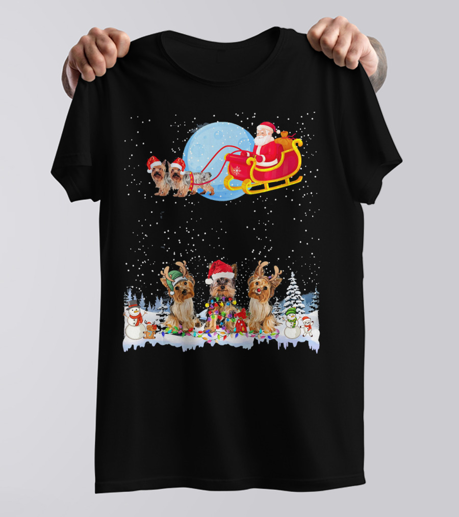 Yorkie Christmas Reindeer Santa Sleigh Lights Dog Snowmen T-Shirt