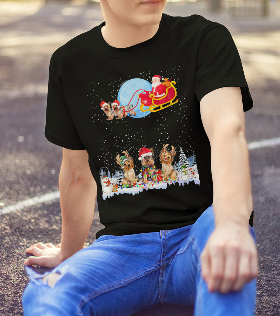 Yorkie Christmas Reindeer Santa Sleigh Lights Dog Snowmen T-Shirt
