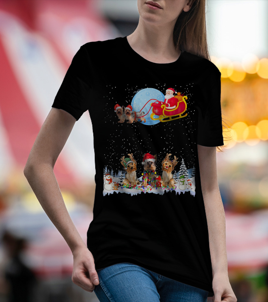 Yorkie Christmas Reindeer Santa Sleigh Lights Dog Snowmen T-Shirt