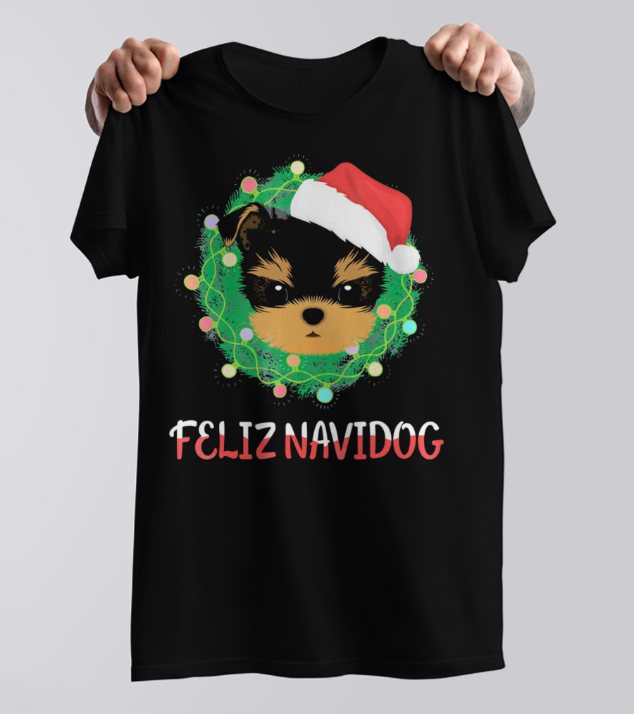 Yorkshire Terrier Feliz Navidog Santa Hat Wreath Christmas Lights T-Shirt