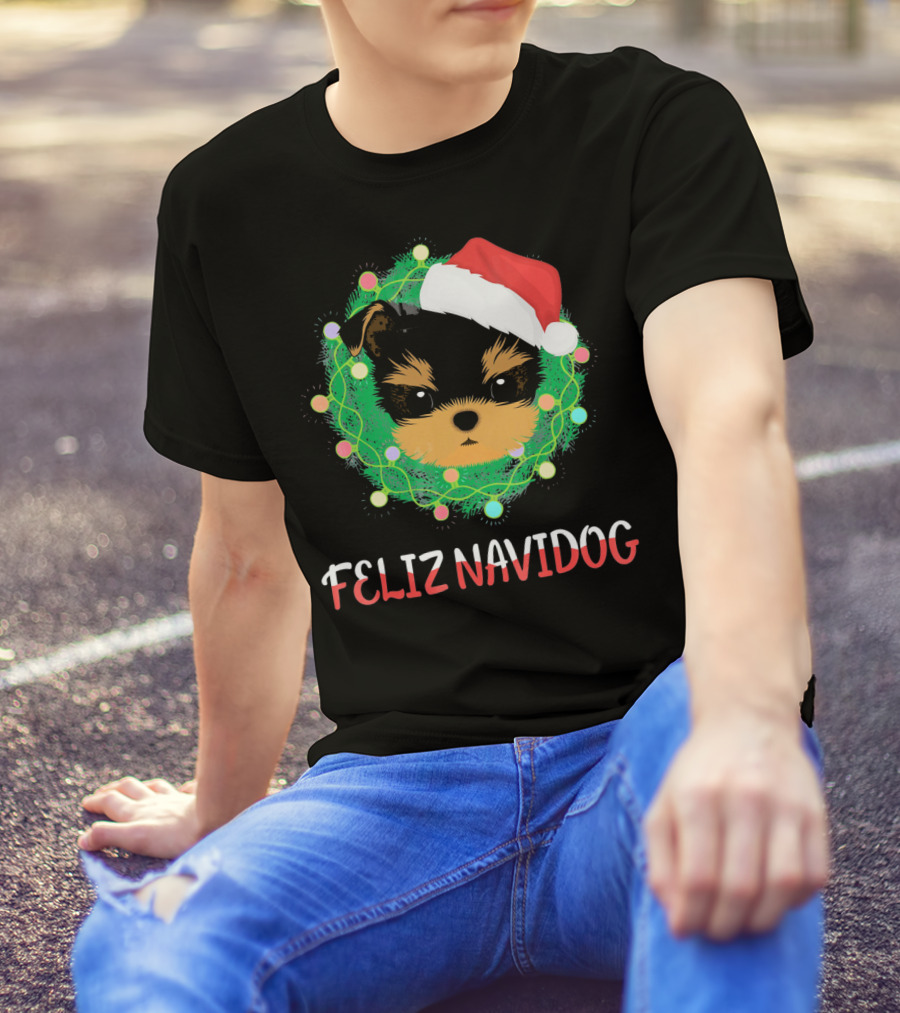 Yorkshire Terrier Feliz Navidog Santa Hat Wreath Christmas Lights T-Shirt