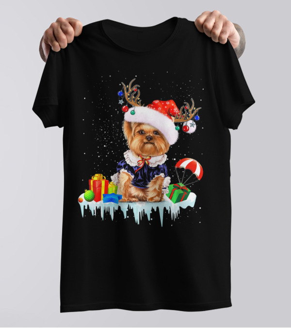 Yorkshire Terrier Dog Santa Hat Reindeer Antlers Christmas Gifts T-Shirt
