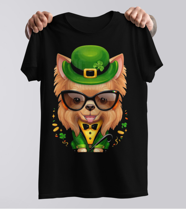 Yorkshire Terrier Leprechaun Glasses Shamrocks Coins Bow Tie Cane T-Shirt