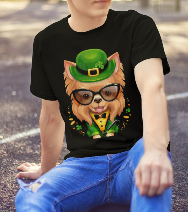 Yorkshire Terrier Leprechaun Glasses Shamrocks Coins Bow Tie Cane T-Shirt