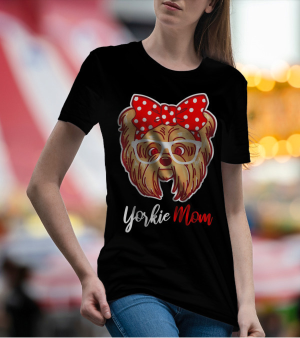 Yorkie Mom Yorkshire Terrier With Red Polka Dot Bow And White Glasses T-Shirt