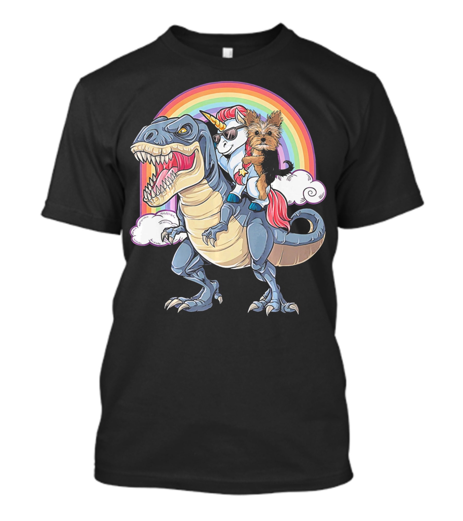 Yorkshire Terrier And Unicorn Ride Dinosaur With Rainbow T-Shirt