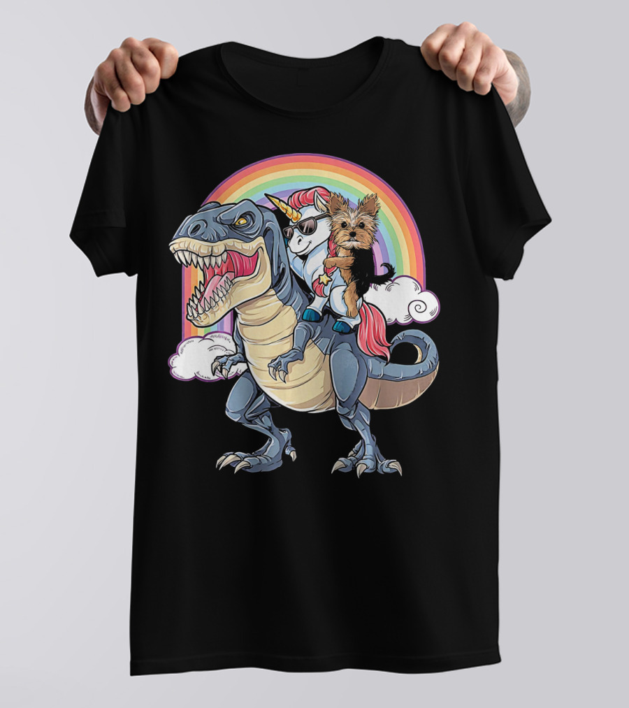 Yorkshire Terrier And Unicorn Ride Dinosaur With Rainbow T-Shirt