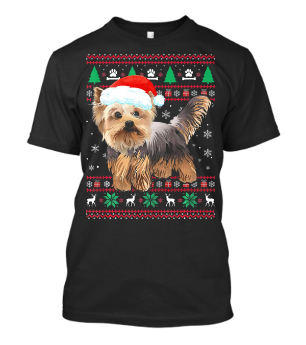 Yorkshire Terrier Dog Ugly Christmas Sweater Santa Hat Snowflakes Trees Paws T-Shirt