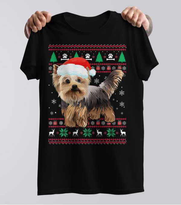 Yorkshire Terrier Dog Ugly Christmas Sweater Santa Hat Snowflakes Trees Paws T-Shirt