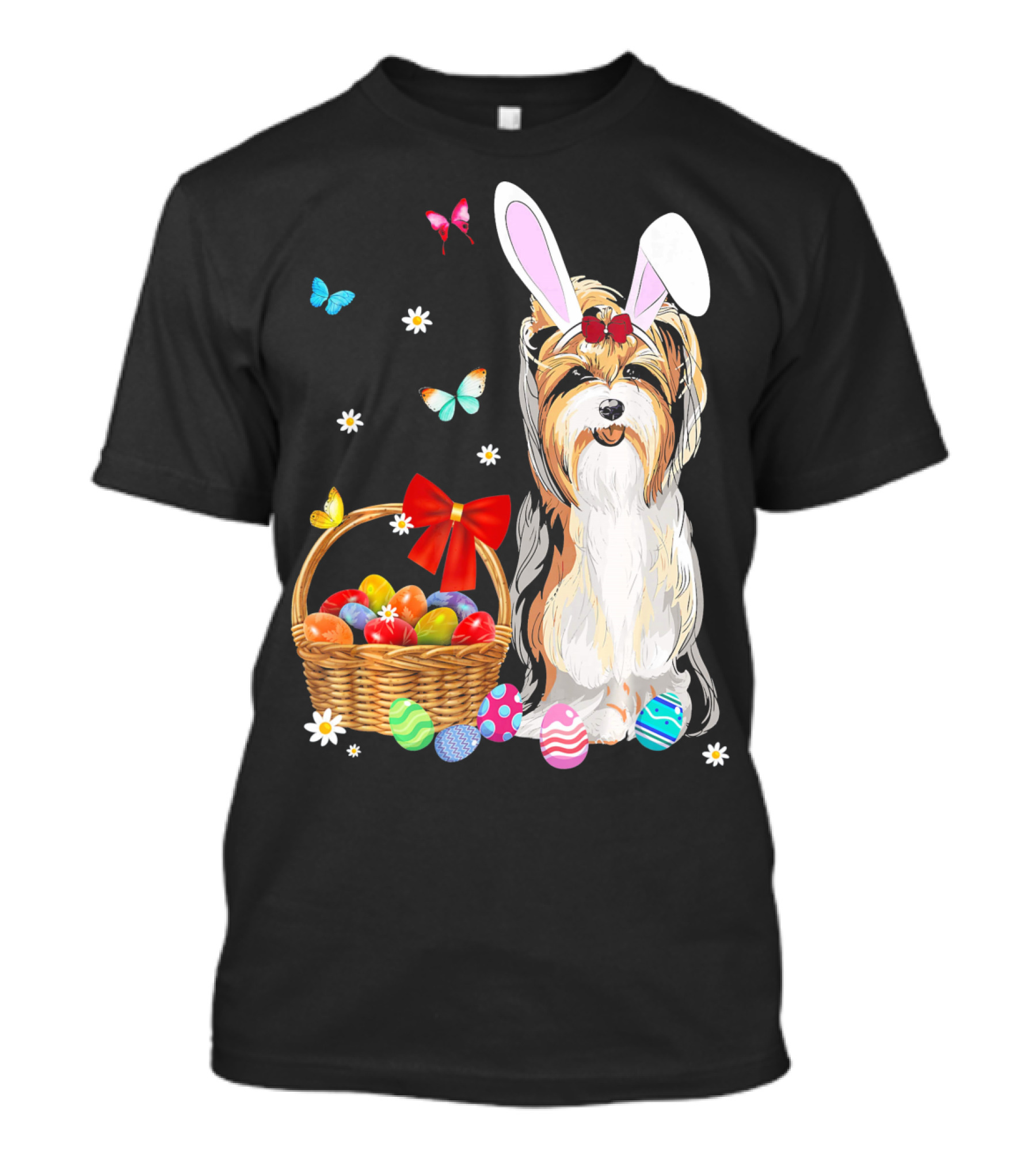 Yorkshire Terrier Bunny Ear Rabbit Easter Basket Eggs Butterflies Daisies T-Shirt