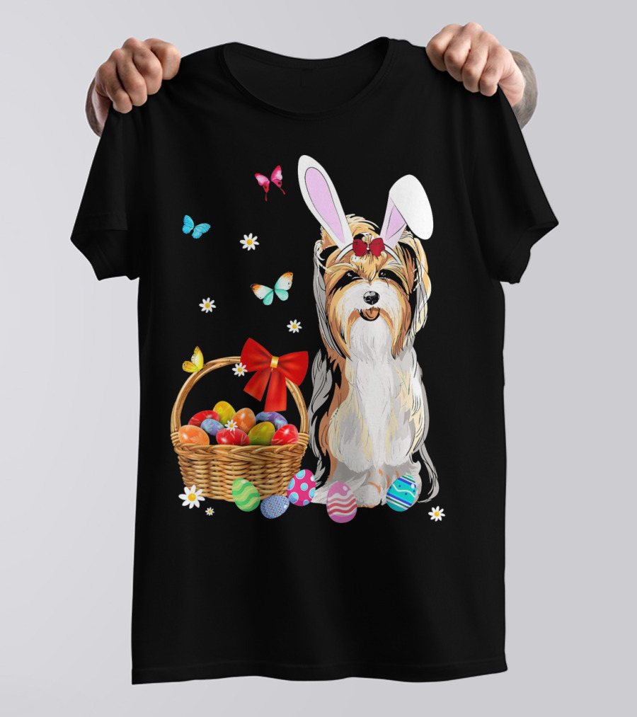Yorkshire Terrier Bunny Ear Rabbit Easter Basket Eggs Butterflies Daisies T-Shirt