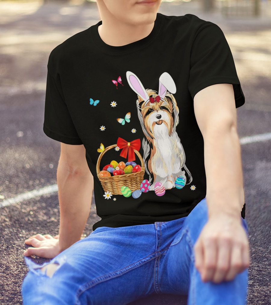 Yorkshire Terrier Bunny Ear Rabbit Easter Basket Eggs Butterflies Daisies T-Shirt