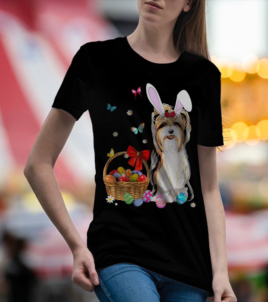 Yorkshire Terrier Bunny Ear Rabbit Easter Basket Eggs Butterflies Daisies T-Shirt