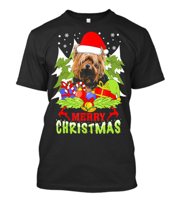 Merry Christmas Yorkshire Terrier Santa Hat With Gifts And Trees T-Shirt