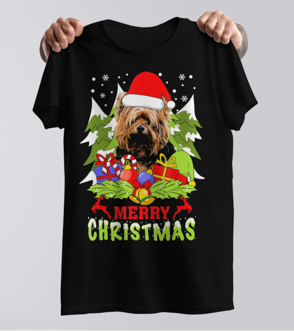 Merry Christmas Yorkshire Terrier Santa Hat With Gifts And Trees T-Shirt