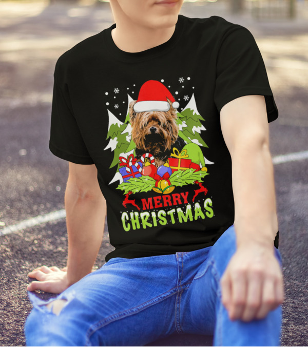 Merry Christmas Yorkshire Terrier Santa Hat With Gifts And Trees T-Shirt