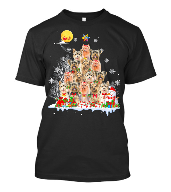 Yorkshire Terrier Dog Christmas Pyramid With Santa Moon And Snowman T-Shirt