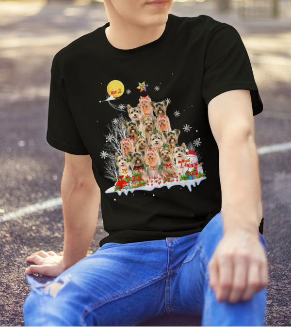 Yorkshire Terrier Dog Christmas Pyramid With Santa Moon And Snowman T-Shirt