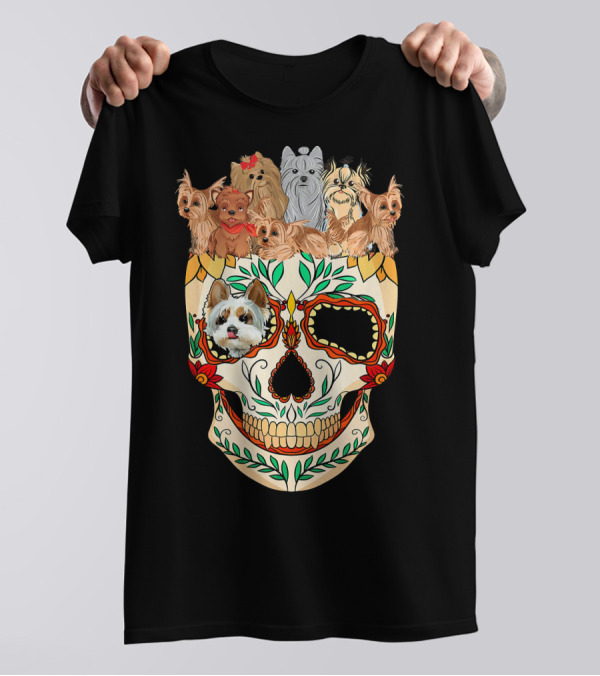 Yorkie Sugar Skull Funny Dog Cute Yorkshire Terrier Mexican Skull T-Shirt