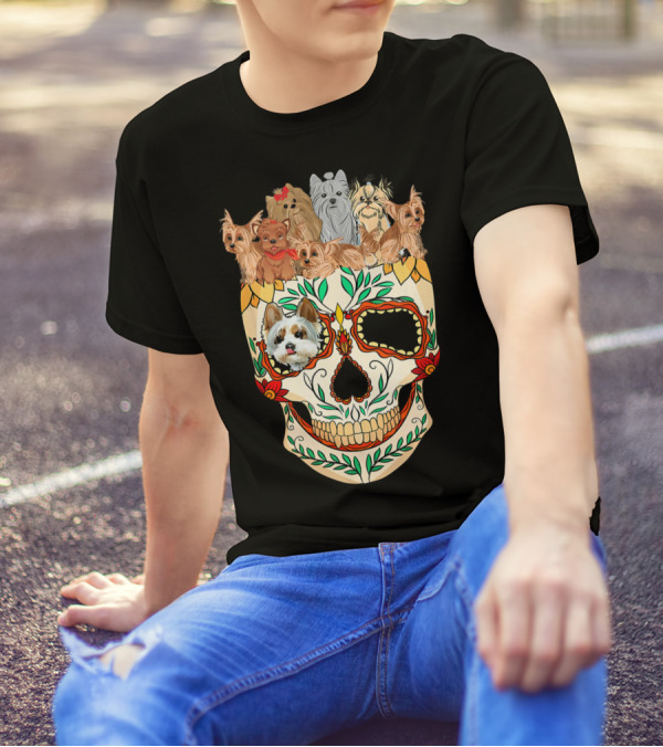 Yorkie Sugar Skull Funny Dog Cute Yorkshire Terrier Mexican Skull T-Shirt